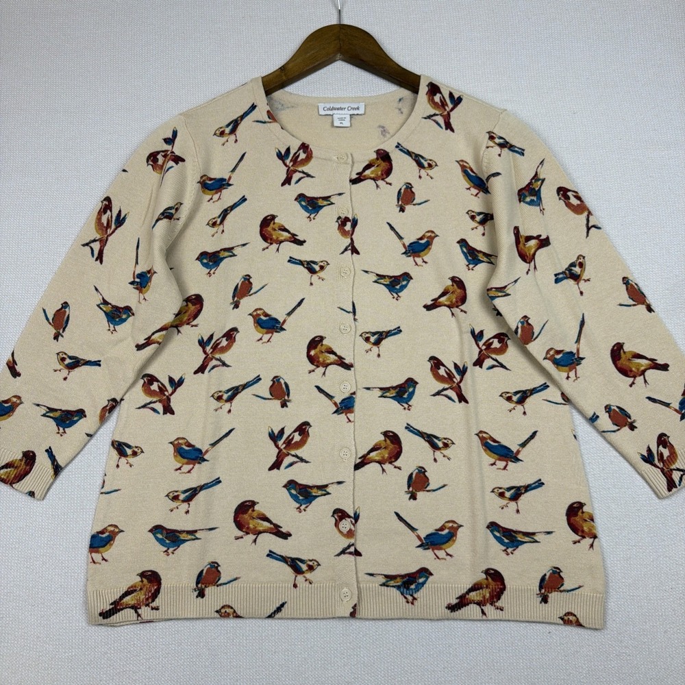 NWT Coldwater Creek Button Up Bird Print Knit Cardigan Size PL Beige Earthy New